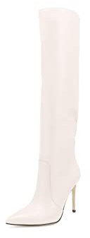 QUEEN HELENA Stivali Alti a Punta con Tacco a Spillo Semplici Casual Donna K2070 (Beige Pu, Numeric_40)