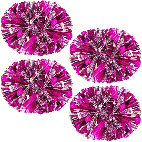 PUZINE Cheerleading-Pompons, Metallic-Cheer-Pompons mit Trainings-Taktstock-Griff für Team-Sport-Spirit-Squad-Bulk-Cheerleader (Hot Pink und Silber), 4 Stück