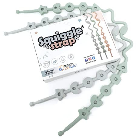 Squiggle Strap® 2 Stück antimikrobielles, lebensmittelechtes Silikonband für Beißringe, Trinkbecher und Spielzeug, verstellbar. Ätherblau und Kühlem Grau