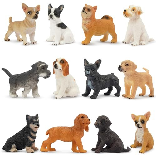 toymany 12PCS Mini Dog Figurines Toy Set, Realistic Detailed Plastic Puppy Figures Playset, Hand Painted Dogs Animals Toy, Cake Toppers Easter Eggs Christmas Birthday Gift for Kids Toddlers