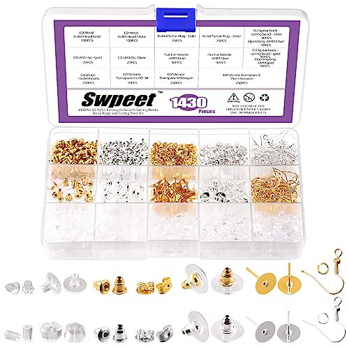 Swpeet 1430 cierres y ganchos hipoalergénicos con anillos abiertos, 10 estilos, cierres de silicona suave transparente para pendientes y pendientes pesados