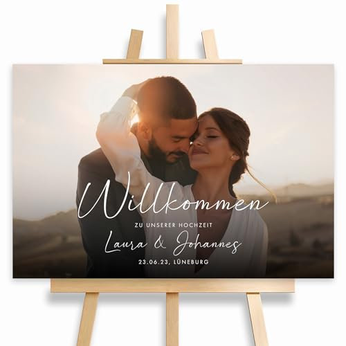 HEI Print Willkommensschild Hochzeit mit eignem Foto und Namen, personalisierte Hochzeitsdeko, Willkommen Schild im Querformat, mit Bild, 60x40 (Leinwand)