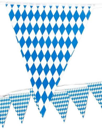Sparset bestehend aus 5 Wimpelgirlanden Bayern-Raute, jeweils 10 Meter lang. Originalgetreue Deko für jedes Bierfest und jeden bayerischen Abend!