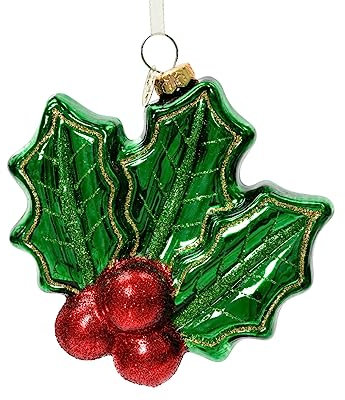 Christbaumschmuck Glas Stechpalme Blätter Beeren 9cm grün rot - Baumschmuck Weihnachten