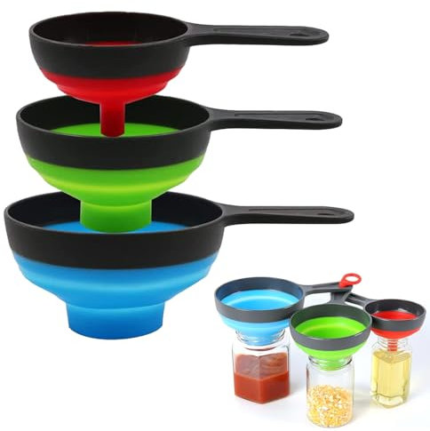 Lot de 3 entonnoirs pliables en silicone de qualité alimentaire - Entonnoir de cuisine pliable - Entonnoir portable - Entonnoir de cuisine pour transfert de liquide - 3 tailles