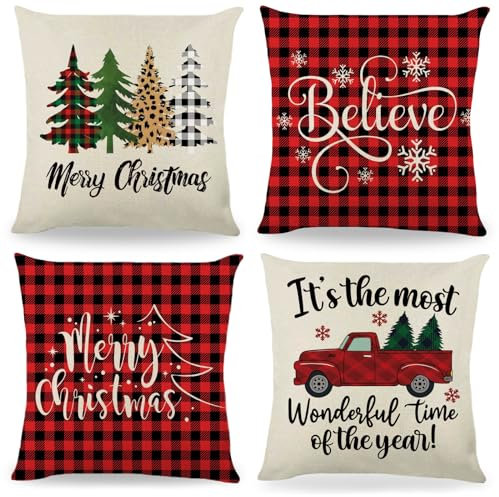Sniperoal Weihnachts-Deko-Kissenbezüge, 45,7 x 45,7 cm, 4er-Set, rot, nordisch kariert, weiche dekorative Kissenbezüge für Weihnachtsbaum, Kart, für Zuhause, Sofa, Couch, Bett, Wohnzimmer