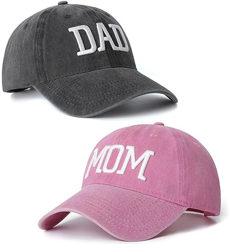 Baseballmützen für Mutter und Vater, bestickt, verstellbar, Geschenk für Eltern, Paare, klassisches Geschenk für Mutter, Vater, 2 Stück, Schwarzer Papa-Hut und rosa Mama-Hut, 6 5/8-7 5/8