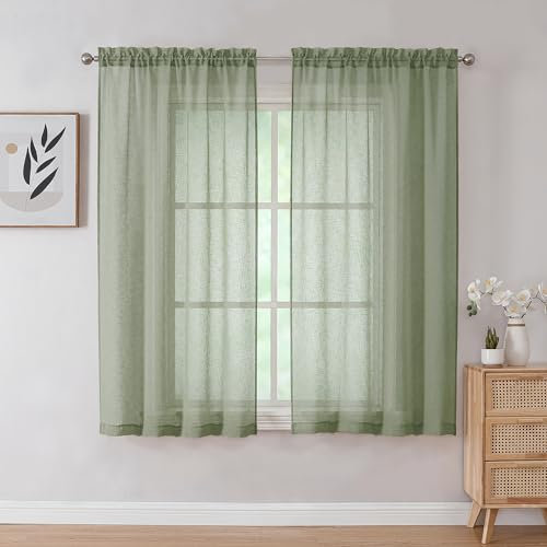 Chyhomenyc Dianna Lot de 2 panneaux de voilages vert sauge de 114 cm de long, rideaux texturés en faux lin flammé, doux et respirant filtrant la lumière avec passe-tringle pour salon, chambre à