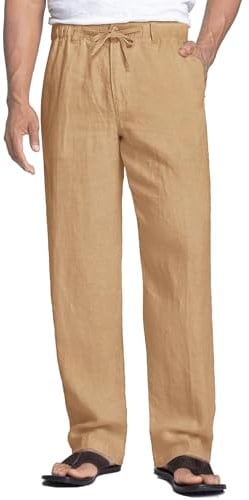 COOFANDY Men's Linen Summer Drawstring Trousers for Men Loose Elastic Waist Trousers with Button Zip Fly Linen Casual Pants for Beach Yoga Holiday Vacation Dark Khaki M