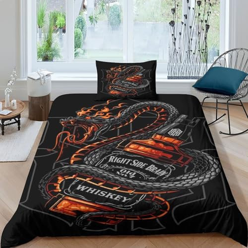 epivo Schlangen-Bettwäsche-Set, 3D-Whiskey-Muster, Printe-Bettwäsche-Set, weiche Mikrofaser, Whiskey-Bettbezug, Einzelbett (135 x 200 cm)