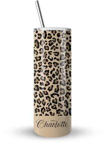 Personalised Cheetah Print Tumbler Custom Name, Leopard Print, Animal Print, 20 OZ Stainless Steel Skinny Tumbler, Double Walled Vacuum Insulated with Closed Lid and Metal Straw.