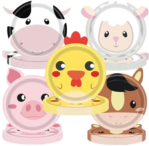 50 pcs Farm Animals Party Paper Plates Farm Animal Shaped Disposable Plates Cartoon Animals Plates with 5 Types Designs for Party Supplies Table Decor