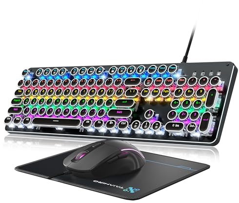 Typewriter Mechanical Gaming Keyboard and Mouse, Metal Panel Retro Keyboard with Round Keycap Blue Switch, RGB Backlit 104 Keys Anti-Ghost Wired Keyboard Mouse and Pad Combo for PC Laptop Gamer, Black