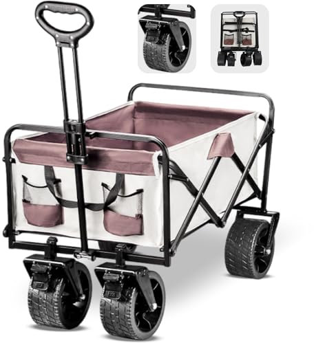 Bewinner Übergroßes Strandwagen Klappbar - 250KG & 200L, 600D Oxford Cloth Klappbollerwagen, Tank Reifen Beach Wagon mit Verstellbarer Griff und Netz-Becherhalter für Camping