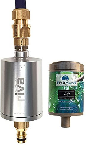 rivaALVA Life Explorer Edelstahl inkl. GEKA-Anschlussset - Outdoor Wasserfilter für Camper mit Blockaktivkohle und bioganischem Kartuschengehäuse