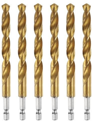 HARFINGTON 6pcs 1/4 Hex Shank Twist Drill Bits 9mm Titanium Coated High Speed Steel Quick Change Hex Drilling Bit Jobber Drill Bits for Wood Plastic Metal, Gold