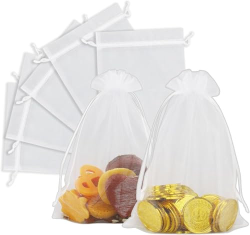 JRSHIRLEYLTD 20 Stück Organzasäckchen, weiße Organzageschenkbeutel, kleine Schmucksäckchen, Chiffonsäckchen, Kordelzugbeutel für Hochzeit, Geburtstag
