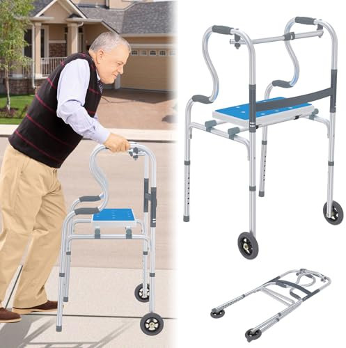 LZQ Gehhilfe für Senioren, Stabil Gehhilfen aus Aluminium Rutschfest mit Ergonomische Griff, Stehhilfe 8 Gang HöHenverstellung, Gehbock Klappbarer mit Abnehmbarem Sitz und 2 Lenkrollen, Gehbock