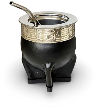 Mate Imperial Argentino Deluxe-Becher, matt, Edelstahl, schwarzes Leder und deutsches Silber (Alpaka), Yerba Mate Cup mit Edelstahlbirne