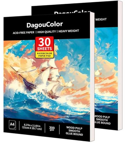 DagouColor Aquarell Papier Pad, 30 Blätter - Boat Yellow, A4, 2 Pack | Säurefreie Kunst Zeichnungspapier, 300gsm für Künstler, Erwachsene, Jungen, Mädchen