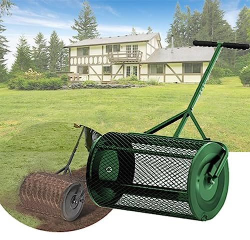 QLSABIA 24 Inch Compost Spreader - Lawn Spreader Wheeled Multi-Purpose Peat Moss Seed Spreader with Adjustable Handle - for Top Dressing Compost, Dirt, Mulch, Fertilizer, Soil,Green-32cm