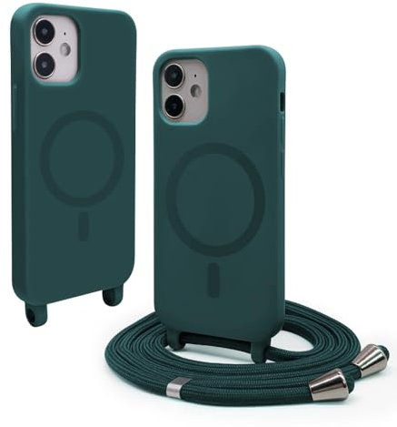 VAVAVOOMY Handykette Hülle für iPhone 12 Mini(5.4) mit Band Halsband Lanyard (abnehmbar) Handyhülle, Verstellbarer Lanyard.Magnetisch Stoßfest Silikonhülle Wireless Charging kompatibel .-Grün
