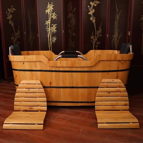 TT-YEC Freistehende Badewanne Aus Massivholz Für 2 Personen Mit Fester Kopfstütze Und Integriertem Hocker, Handgefertigte Tiefe Badewanne Aus Naturholz Mit Pop-Up-Abfluss,L150cm
