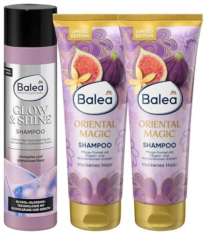 Balea 3er-Set Haarpflege: PROFESSIONAL Shampoo GLOW & SHINE Glanzshampoo mit Anti-Frizz-Effekt, 250 ml + Shampoo ORIENTAL MAGIC sanfte Reinigung, Geschmeidigkeit, natürlicher Glanz, 2 x 250 ml (750ml)