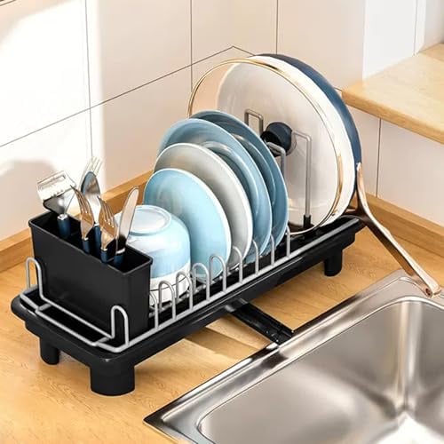 LOYANOCT Dish Drainer Rack With Drip Tray, Kitchen Draining Board Rack with 360° Rotating Spout, Metal Sink Dish Rack with Cutlery Holder (Black)