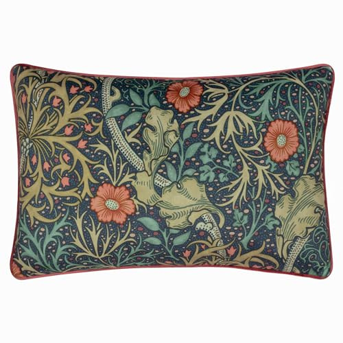 Morris&Co. Seaweed Feather Rich Filled Cushion – Botanical Printed Matte Velvet Pillow with Piped Trim Edge (Indigo - 40x60cm)