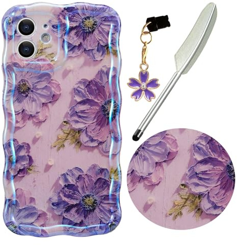 Knoowcase for iPhone 12 Case, Colorful Retro Oil Painting Floral Pattern Cute Curly Wave Frame Phone Case for Women Girls, Soft TPU Shockproof Silicone Protective Bumper Cover, Blue&Purple
