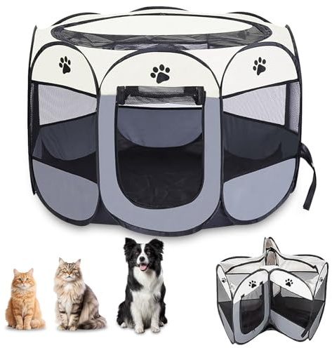 Welpenlaufstall Faltbar 74×74×43 cm, Hunde Laufstall Tragbares Kleintiergehege Welpenauslauf Katzengehege Kleintiergehege Innen & Außen, Freilaufgehege für Hunde Katzen Hasen (Hundepfote-Grau)