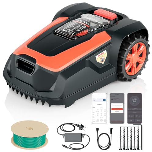 OKAYBOT M1 Robot Tondeuse avec Câble Périphérique Jusqu’à 1400 m², Tondeuse Robot Automatique, Hauteur de Coupe 25–65 mm, Pente Jusqu’à 47%, Largeur de Coupe 22 cm, Contrôle Via App et Bluetooth