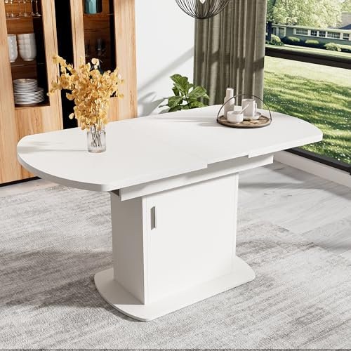 ECLIVON Esstisch Küchentisch Ovaler für 4-6 Personen, 110-130x70 cm, Weiß | Für Esszimmer Wohnzimmer, Esstisch Ausziehbar, Esszimmertisch mit Stauraum Regal und Türen, Modern Tisch mit Tischplatte