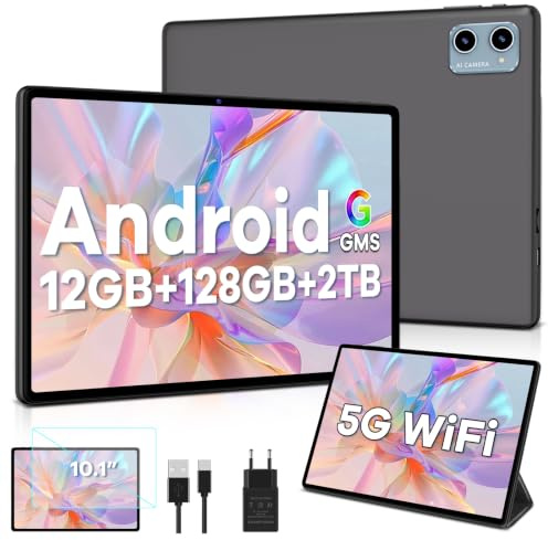 GOODTEL Android Tablet 10 Zoll 12 GB RAM + 128 GB ROM, TF 2 TB, 5G + 2.4G WiFi, GPS, BT5.0, GMS, 6000 mAh, 8 + 5 MP Dual-Kamera, Cast, OTG, Typ C, Schutzhülle-Schwarz