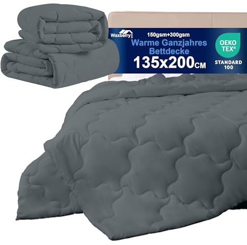Waxberry 4 Jahreszeiten Bettdecke 135x200, 2 Teilig Set - Winterdecke 450gsm - Ganzjahresdecke 300gsm + Sommerdecke 150gsm, Weiche Steppdecke Waschbar Anti-Allergisch, Dunkelgrau