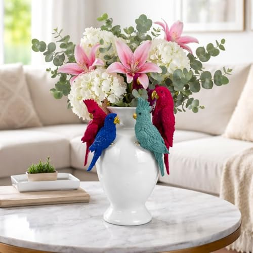 Tischvase in Weiß mit 5 bunten Papageien mit goldfarbigen Schnäbeln besetzt - Deko Vase 30 cm groß - rund, modern, stilvoll, besonders