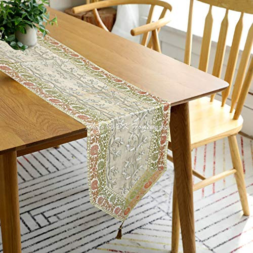DK Homewares Tischdekoration Indischer Ethnisch Weiß Brokat 72 X 14 Zoll Tischläufer Gestickt Quaste Blumen- 6 Ft Tissue Fabric ESS-Herzstück (180 X 35 cm/Weiß)