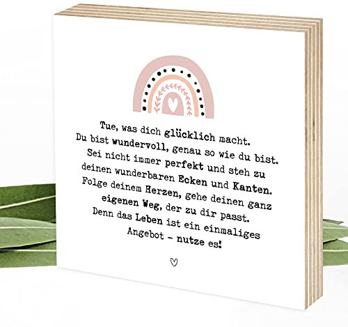 Wunderpixel® Holzbild Tue was dich glücklich macht - mit Regenbogen - 15x15x2cm zum Hinstellen/Aufhängen, echter Fotodruck mit Spruch auf Holz - Wand-Bild Aufsteller Zuhause Dekoration Geschenk-Idee