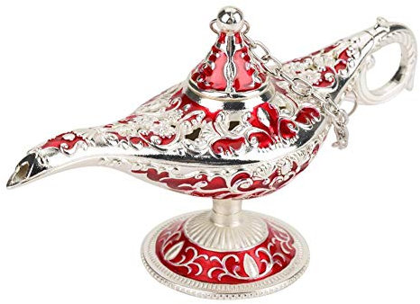 MAGT Aladdin Lampe, Metall geschnitzt Hollow Legend Lampe Hohl Aladdin Magic Genie Light Wunschtopf Dekor(Silberrand rot)