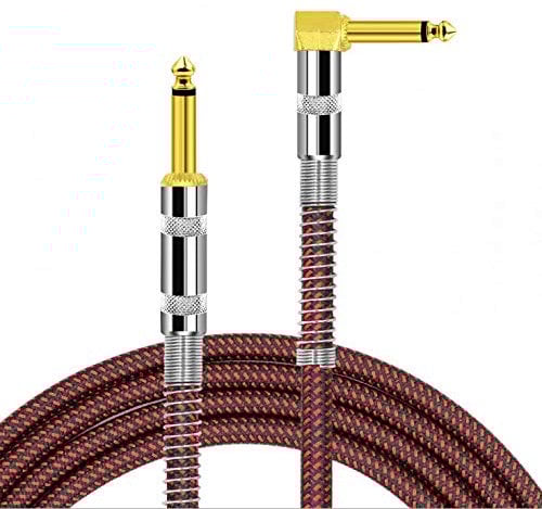 BIGGZ Professional Guitar Lead 3M/10ft, 6.35mm 1/4 Right Angled Nylon Braided Gold Plated Guitar Instrument Cable for Electric Guitar, Bass, Amp, Keyboard, Mandolin, Mixing Desks-STR/ANG (RED)