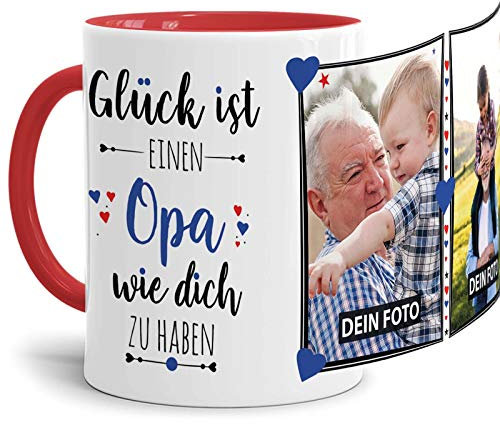 Tassendruck Fototasse mit Spruch für Opa - Glück ist, jemanden wie Dich zu haben - zum Selbst gestalten mit 2 Fotos, Innen & Henkel Rot, 300 ml