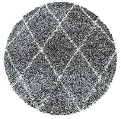 Carpetsale24 Hochflor Runder Teppich Grau 80 cm Rund Rauten Design Flauschig- Langflor Wohnzimmerteppich Skandinavischer Stil Shaggy Teppich