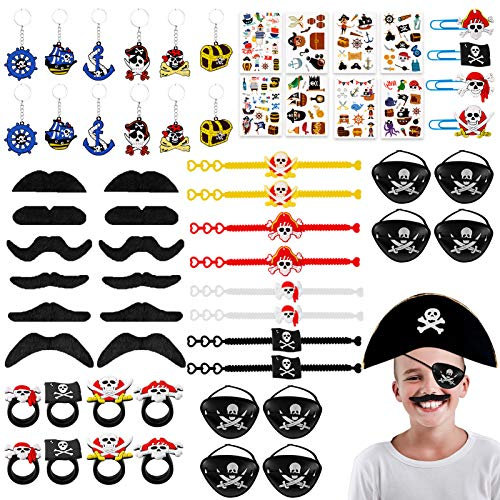 JOYUE Regali per Feste Pirata, 60 Pezzi Giocattoli Pirata Bomboniere per Feste di Compleanno per Bambini Incluso Benda Sull'occhio Braccialetti con Baffi Portachiavi Fermagli per Capelli Adesivi