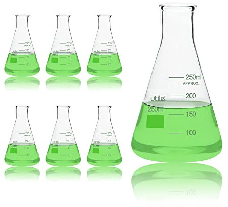 Utile 6pcs of 250ml Glass Erlenmeyer Conical Flasks, Narrow Mouth, Borosilicate 3.3 Glass with Printed Graduation, 4016.0250.6