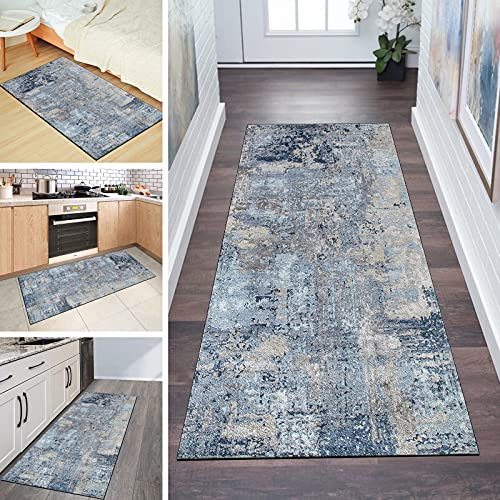 QQrunner Teppichläufer rutschfest Läufer Flur 120x400cm Küchenteppich Abstrakt Grau Blau Waschbar Meterware Schlafzimmer Korridor Teppich Lang, 40-120cm Breit