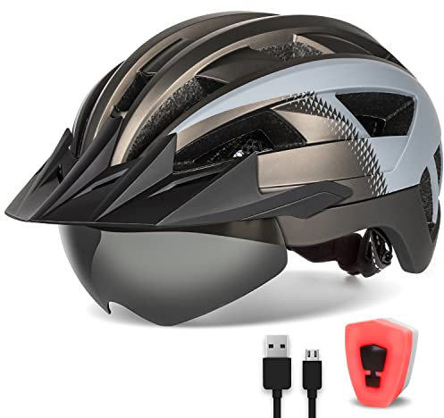 FUNWICT Fahrradhelm mit Visier für Herren Damen, Leichte Fahrradhelm mit Magnetischem Brille und USB-Aufladung LED Licht, Stylisch Mountainbike Helm (L: 57-61 cm, Titan Grau)