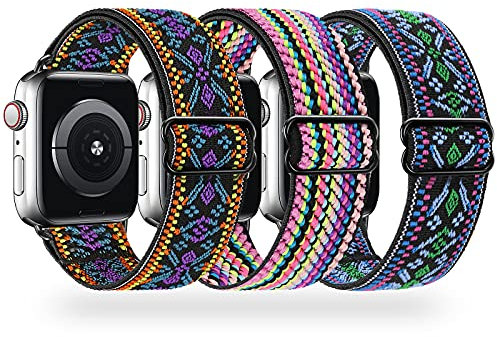 Stretchy Nylon Straps Compatible with Apple Watch Strap 38mm 40mm 41mm 42mm 44mm 45mm 46mm 49mm, Braided Sport Solo Loop Replacement Band for iWatch Series Ultra 10 9 8 7 6 SE 5 4 3 2 1, 3 Packs