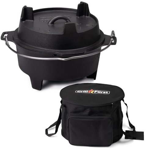 Grillfürst Dutch Oven ca. 12 Liter - stabil stehender Feuertopf durch speziell entwickelte T-Füße, hitzebeständiger Gusseisen Topf, Deckel als Pfanne nutzbar, DO 12 inkl. Aufbewahrungstasche