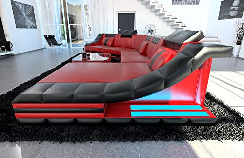 Couch Wohnlandschaft Turino CL Form Sofa in Leder - mit LED Beleuchtung, verstellbare Kopfstützen, Recamiere/Lederfarben wählbar/Ausrichtung wählbar (Ottomane rechts, Rot-Schwarz)